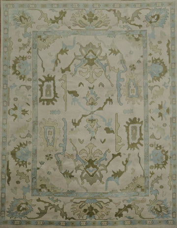 Traditional Al-Over Beige and Blue Oushak Hand Made Wool Rug 9x12