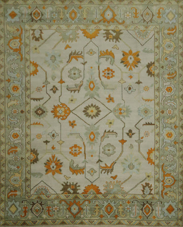 Traditional Oushak Hand Made Ivory and Orange Wool Rug 9x12 ft