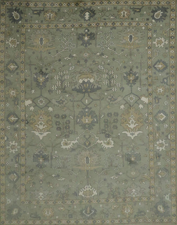 All-Over Floral Green Oushak Hand-Knotted Wool Area Rug 9x12