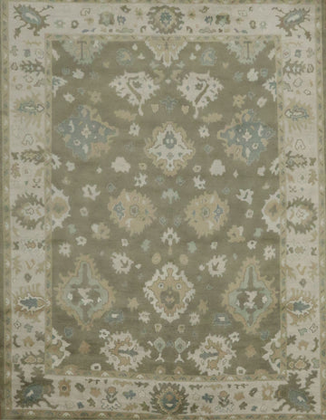 Traditional Sage Green & Ivory Hand-Knotted Oushak Wool Rug 9'x12'