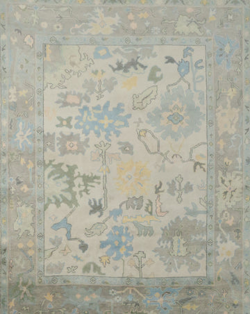 Hand-Knotted 8x10 Ivory Oushak Wool Rug for Living Room