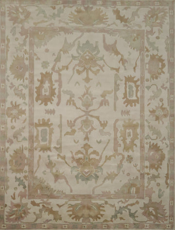 Beige Neutral Toned Oushak Indian Rug with Traditional Designs 9' x 12'