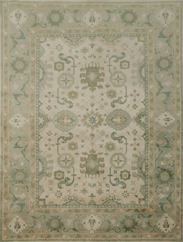 Traditional Beige and Green Rug with Artistic Patterns 9' x 12'