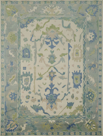 Artistic Blue and Green Oushak Indian Rug with Intricate Floral Designs 9' x 12'