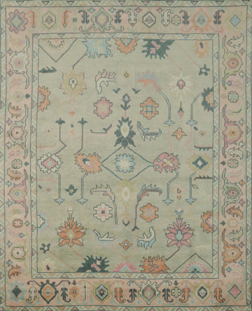 8x10 Light Green & Ivory Oushak Rug - Hand-Knotted Indian Wool Rug