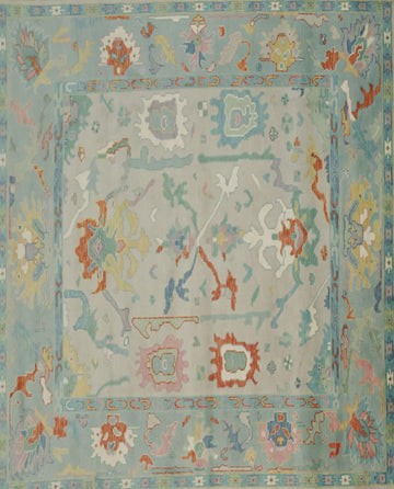 Grey and Blue 8x10 Oushak Traditional Rug, Hand-Knotted Wool Pile