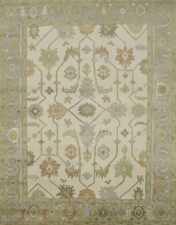 Vintage Inspired Cream Ivory Oushak Area Rug with Soft Green Floral Accents 8' x 10'