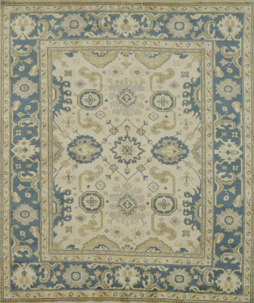 Traditional Blue and Beige Oushak Floral Wool Rug 8' x 10'