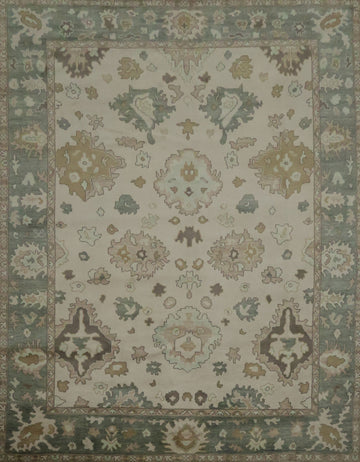 Traditional Ivory and Teal Area Rug with Vintage Charm 9' x 12'