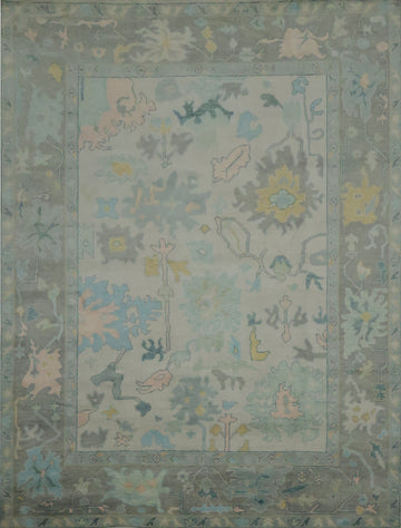 Exquisite Turquoise and Pastel Oushak Hand-made Wool Rug 9' x 12'