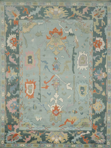 Traditional Teal Blue Oushak Hand Made Wool Area Rug 9x12
