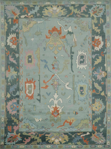 Elegant Blue Oushak Living Room Rug with Abstract Patterns 9' x 12'