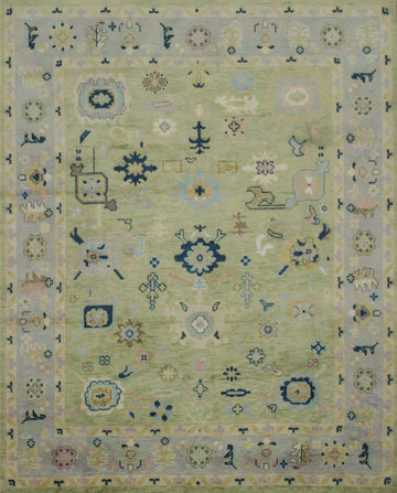 Vibrant Pistachio Green and Blue Oushak Hand-made Wool Rug 8' x 10'