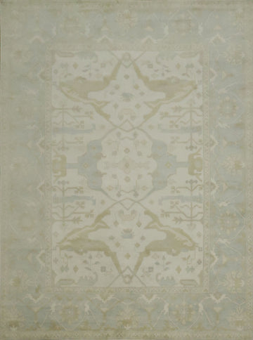 Traditional Oushak Hand Made Ivory and Blue Rug 9x12