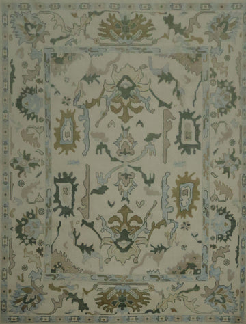 9x12 Traditional Oushak Hand-Knotted Wool Area Rug - Ivory & Light Blue