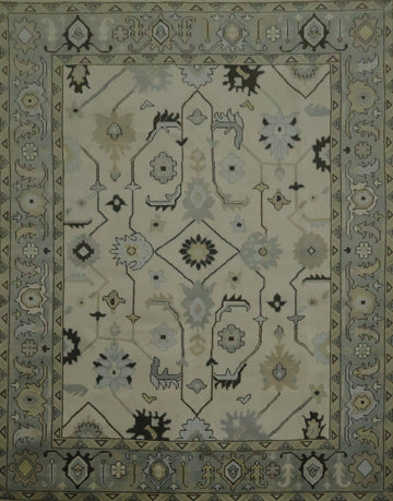 All-Over 9x12 Oushak Hand-Knotted Wool Rug in Ivory & Blue