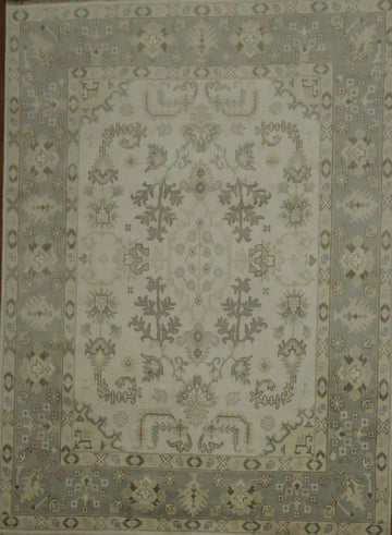 All-Over Ivory and Grey Border 9x12 Oushak Hand-Knotted Wool Rug