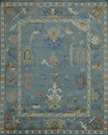 Traditional Oushak Blue Hand-Made Wool Rug 8x10