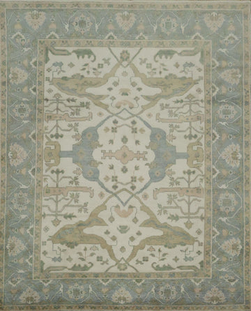 Traditional Oushak Ivory with Blue Border Wool Rug 8x10 ft