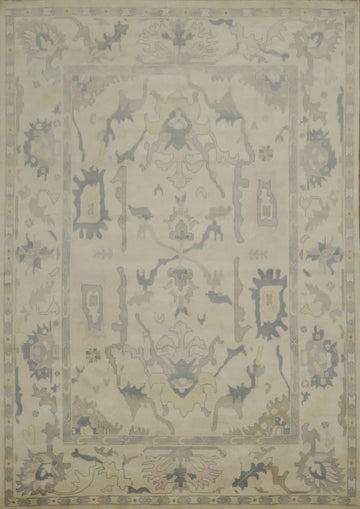 Oushak Style 10x14 Hand-Knotted Rug - Ivory & Light Blue  Wool Area Rug