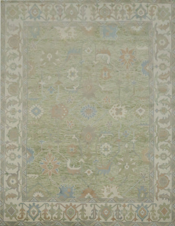 Green Traditional Oushak Hand-Knotted Wool Area Rug - 9x12