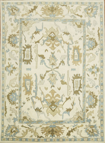 Intricate Beige and Blue Rug with Exquisite Floral Motifs 9x12 ft