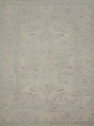 Soft Pink Hand-Knotted Wool Oushak Living Room Rug 9' x 12'