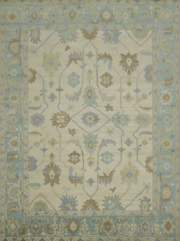 Beige with Blue Border Oushak Hand-Knotted Wool Rug 9' x 12'