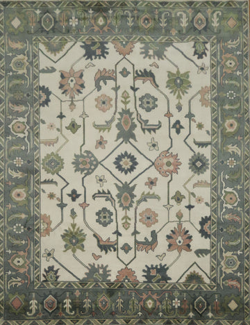 Traditional 9x12 Oushak Hand-Knotted Wool Area Rug - Ivory/Green