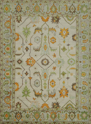 9' x 12' Traditional Oushak Rug - Hand-Knotted Wool - Sage Green & Earthy Tones