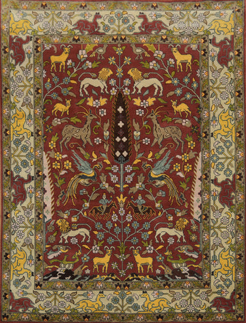 9x12 Traditional Animal Pictorial Oriental Rug - Crimson Red Wool