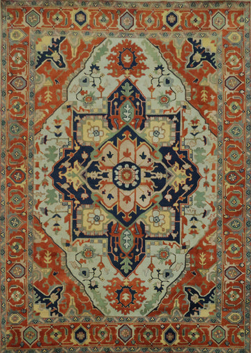 Light Blue and Rust Heriz Serapi Persian Style Large Rug 10'x14'