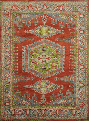 Red and Green Geometric Tribal Hand-Knotted Viss Wool Rug  9x12