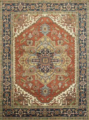 Heriz Serapi Rust and Navy Blue Area Rug 9x12
