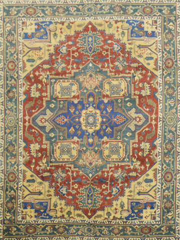 Geometric Red and Blue Heriz Serapi Wool Living Room Rug 9' x 12'