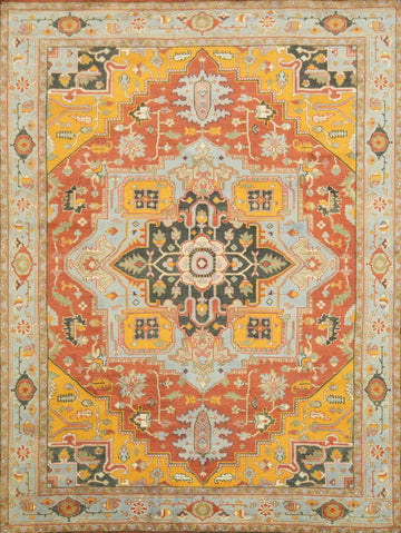 Geometric Mustad and Blue Heriz Serapi Wool Living Room Rug 9' x 12'