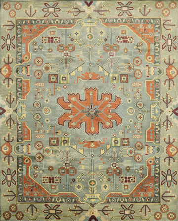 Geometric Blue and Orange Hand-Knotted Wool Rug 8' x 10'