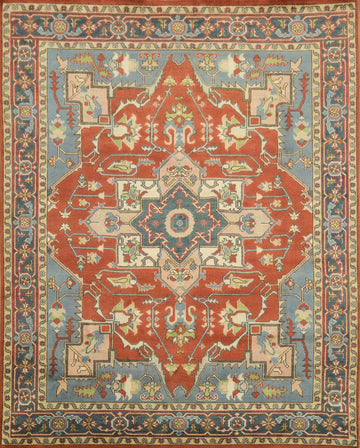 Rust and Blue Heriz Serapi Persian-Style Rug - 8x10 Hand-Knotted Wool