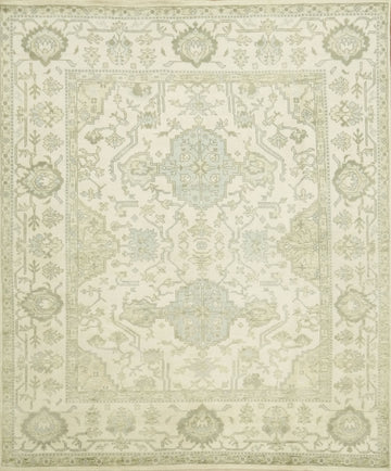 Cream and Green Traditional Oushak Living Room Rug 8'x10'