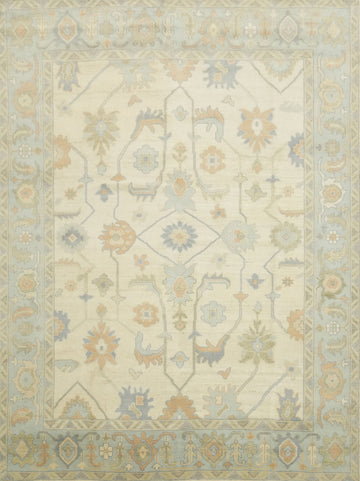 Pastel Cream and Blue Traditional Oushak Hand Made Area Rug 9x12