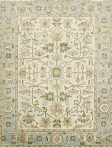 Traditional Oushak Cream and Blue Pastel Hue Hand Made Area Rug 9x12
