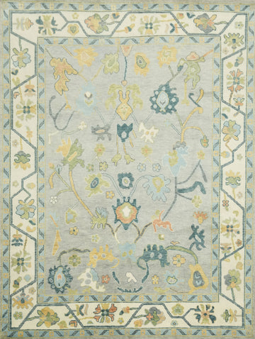 Colorful Botanical Grey Oushak Area Rug with Intricate Floral Patterns 9' x 12'