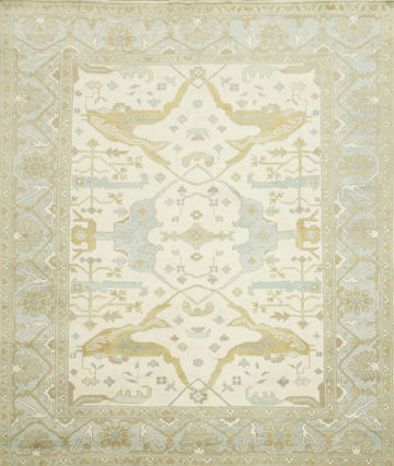 Cream and Blue Traditional Oushak Hand Made Area Rug 8x10