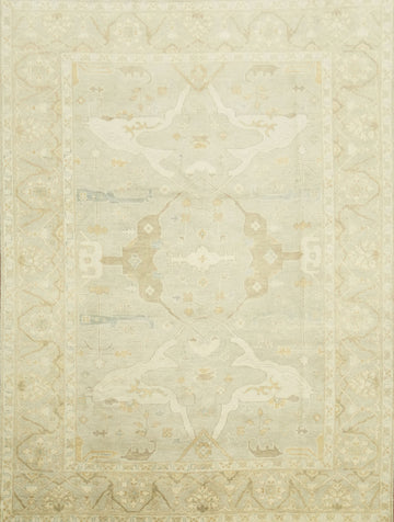 Neutral Toned Pale Blue and Ivory Oushak Hand-Knotted Rug 9' x 12'