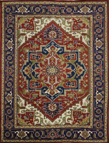 Heriz Serapi Traditional Medallion Rug in Rich Red and Navy Hues 9x12 ft