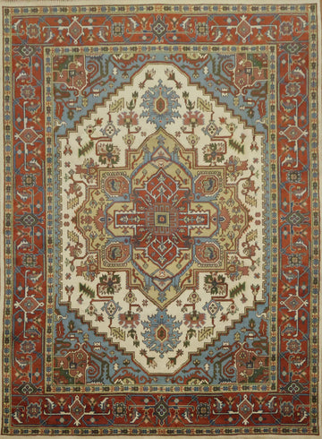 Ivory and Light Blue Heriz Serapi Persian Style Area Rug 9x12