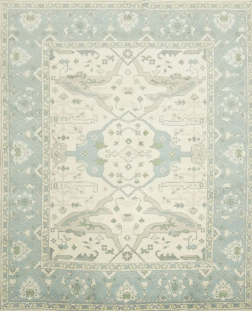 Cream and Blue Traditional Oushak Hand Made Area Rug 8x10