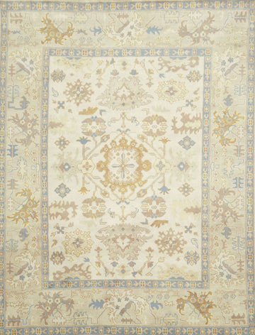 9x12 Hand-Made Oushak Rug - Traditional Geometric Design in Muted Earth Tones