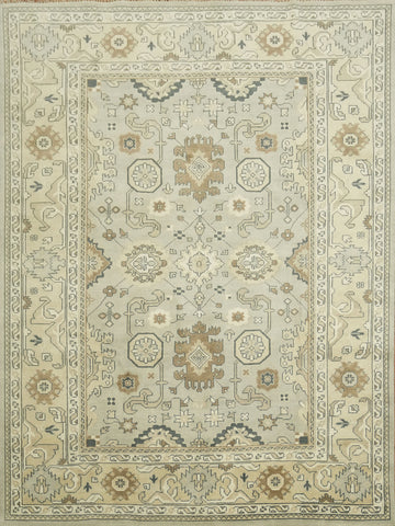 9x12 Beige & Light Blue Oushak Traditional Geometric Rug in Muted Earth Tones