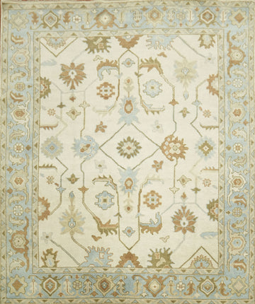 Oushak Hand-Knotted Wool Rug - Traditional 8x10 Cream and Blue